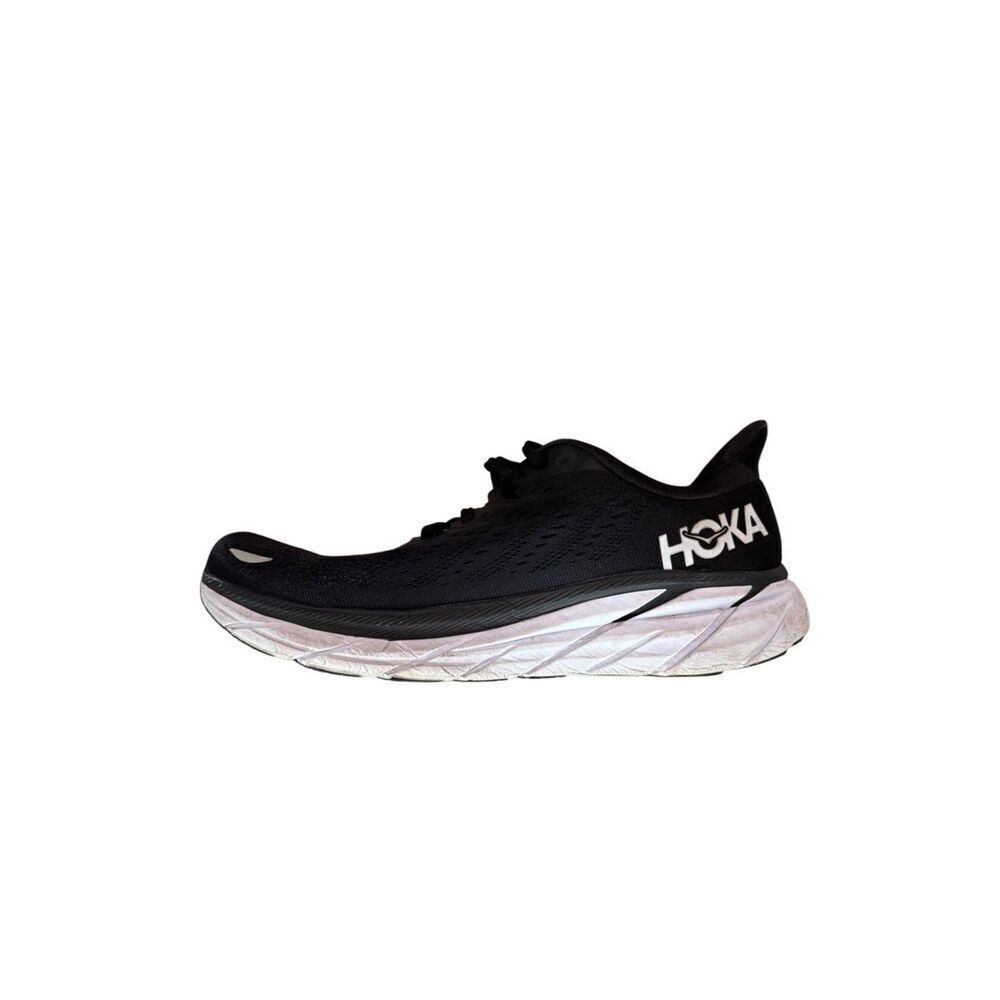 Hoka One One Clifton 8 Mens Black White Lace Up Running Shoes Sneakers Size 10